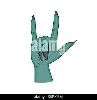 Zombie hand Horns, satan sign finger up gesture halloween vector. realistic cartoon illustration isolated on white background . Image of scary monster Stock Vector