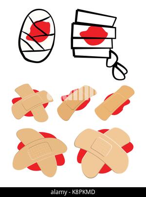 Set of Adhesive  plaster and bandage with red  blood puddle. Medical equipment in different shapes. Vector illustration isolated on white background. Stock Vector