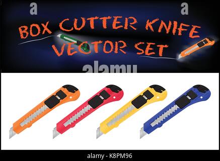 Vector illustration of realistic box cutter knife set isolated on white background Stock Vector