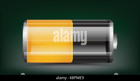 Vector transparent battery illustration. Half charged orange battery on dark background Stock Vector