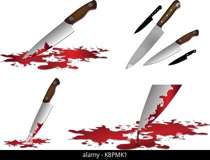 Realistic bloody knife. Knife with blood vector illustration set. Kitchen knife set isolated on white background. Stock Vector
