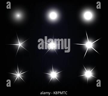 Set of Vector sparkling and glowing light effect stars on black background. Stock Vector