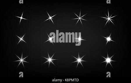 Set of Vector sparkling and glowing light effect stars on black background. Stock Vector