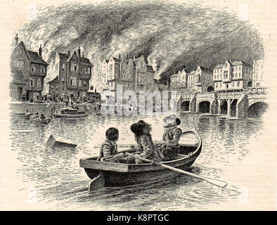 A 1930's illustration  of the Great Fire  of London (1666) from the river Thames Stock Photo