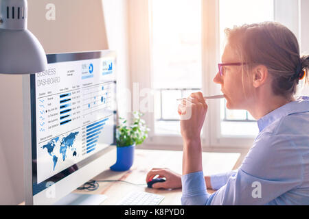 Businesswoman looking at business analytics (BA) or intelligence (BI) dashboard on the computer screen with sales data statistical report and key perf Stock Photo