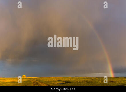 Rainbow and receding storm clouds over barn and grazing marsh, Elmley Marshes N.N.R., North Kent Marshes, Isle of Sheppey, Kent, England, February Stock Photo