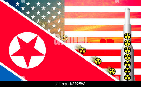 Nuclear weapons ready to launch. Flag of USA and North Korea. Stock Photo