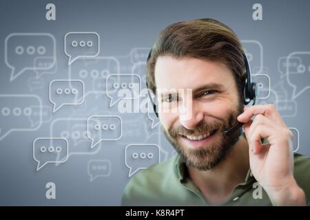 Digital composite of Happy customer care assistant man against customer care background Stock Photo