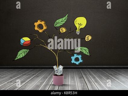 Digital composite of Drawing of Business graphics on plant branches in pot Stock Photo