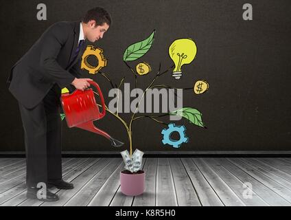 Digital composite of Man holding watering can and Drawing of Business graphics on plant branches on wall Stock Photo