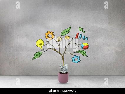 Digital composite of Drawing of Business graphics on plant branches on wall Stock Photo