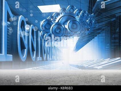 Digital composite of 3D cog gears cloud with servers and binary in background Stock Photo