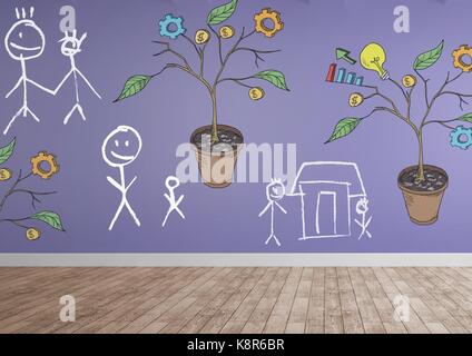 Digital composite of Drawing of Business graphics on plant branches on wall with family drawings Stock Photo