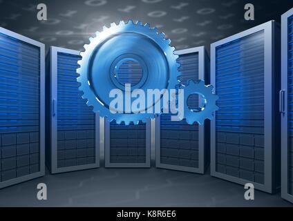 Digital composite of 3D cog gears  with servers in background