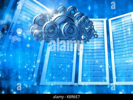 Digital composite of 3D cog gears cloud with servers in background Stock Photo