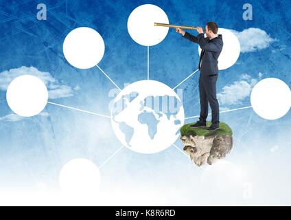 Digital composite of Businessman with telescope on floating rock platform with interface of world in sky Stock Photo