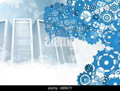 Digital composite of cog gears  with servers in background Stock Photo