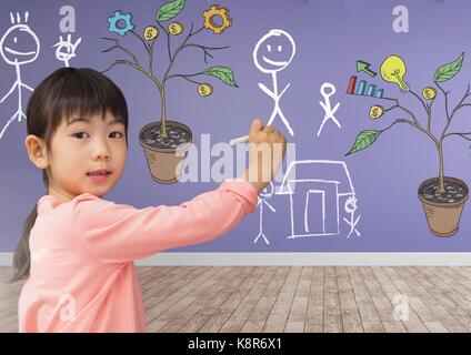 Digital composite of Drawing of Business graphics on plant branches on wall and family sketches Stock Photo