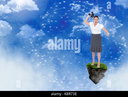 Digital composite of Businesswoman with binoculars on floating rock platform with interface in sky Stock Photo