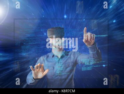 Digital composite of man using vr headset with interface Stock Photo