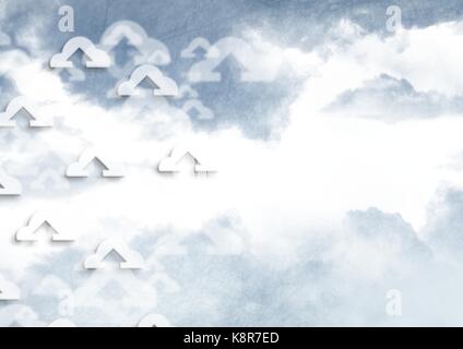 Digital composite of Sky clouds with graphics of clouds with upload arrows Stock Photo