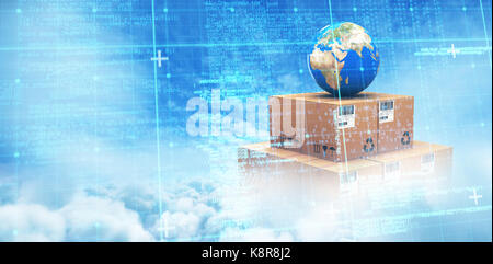 Blue matrix and codes against tranquil scene of overcast against sky Stock Photo