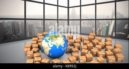 Digital composite image of globe amidst boxes against room with large window showing city Stock Photo