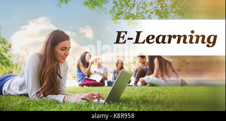 Digitally generated image of Education text  against happy student using her laptop outside Stock Photo