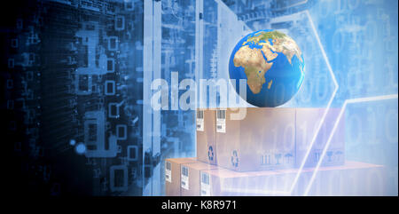 Blue globe on brown cardboard boxes against digital image of hexagon shape with binary numbers on screen Stock Photo
