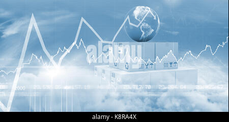 Digital composite image of globe on boxes against stocks and shares Stock Photo