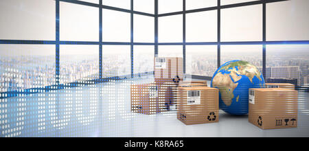 Composite image of boxes with globe against binary code on digital screen Stock Photo