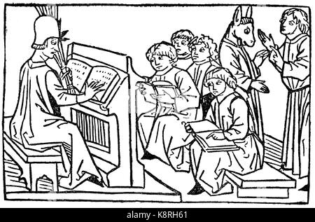 Teacher and pupil, In the background stands a student with an attached donkey head, from mirror of human life, Lehrer und Schüler, Im Hintergrund steht ein Schüler mit aufgesetztem Eselskopf, aus Spiegel des menschlichen Lebens, 1479, digital improved reproduction of a woodcut, published in the 19th century Stock Photo