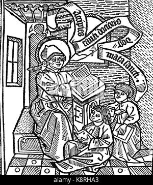 Teacher Thomas Aquinas and two students, Lehrer Thomas von Aquino und zwei Schüler, 1497, Saint Thomas Aquinas, Tommaso d' Aquino, Thomas of Aquino; 1225 - 1274, an Italian Dominican friar, Catholic priest, and Doctor of the Church, digital improved reproduction of a woodcut, published in the 19th century Stock Photo