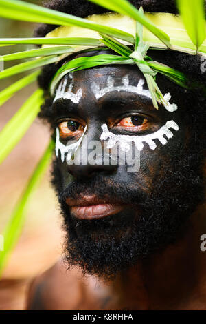Korafe-Man with facial painting and headdress made of leaves, portrait, McLaren-Harbour, Tufi, Papua New Guinea, Oceania Stock Photo