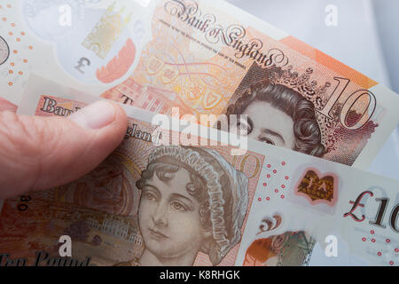 The new 10 pound note a modern Polymer banknote which will decrease environmental impact and cost less to replace, introduced september 14th 2017 Stock Photo