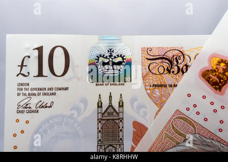 The new 10 pound note a modern Polymer banknote which will decrease environmental impact and cost less to replace, introduced september 14th 2017 Stock Photo