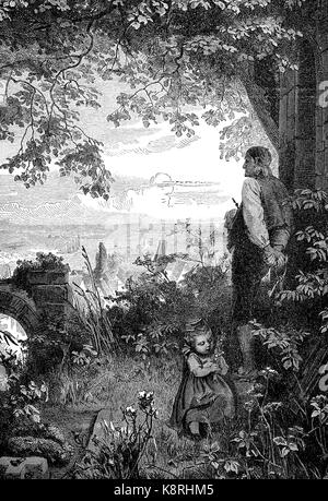 Father and daughter in the cemetery, Vater und Tochter auf dem Friedhof, digital improved reproduction of a woodcut, published in the 19th century Stock Photo