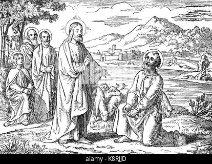 Jesus Christ, You are Peter, the rock, and upon this rock I will build my church, Jesus Christus, Du bist Petrus, der Fels, und auf diesen Felsen will ich meine Kirche bauen, digital improved reproduction of a woodcut, published in the 19th century Stock Photo