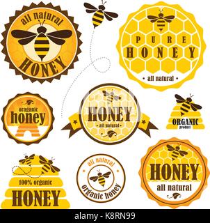Set of eight unique honey labels with bees, beehive and honeycomb icons, for branding and food labelling. Vector format available. Stock Vector