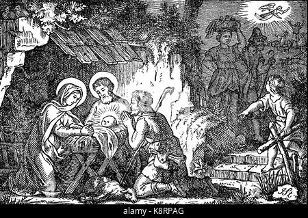 Adoration of the Shepherds, in the Nativity of Jesus in art, is a scene in which shepherds are near witnesses to the birth of Jesus in Bethlehem, digital improved reproduction of a woodcut, published in the 19th century Stock Photo