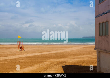 Lifeguard on the empty beach in Santander , Spain Stock Photo