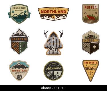 Traveling, outdoor badge collection. Scout camp emblem set. Vintage hand drawn design. Stock vector illustration, insignias, rustic patches. Isolated on white background Stock Vector