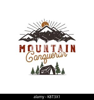 Traveling, outdoor badge. Scout camp emblem. Vintage hand drawn design. Mountain conqueror quote. Stock vector illustration, insignia, rustic patch. Isolated on white background Stock Vector
