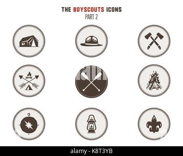 Boy scouts icons, patches. Camping stickers. Tent, axe, campfire, compass and others. Stock vector illustration isolated on white background. Part 2 Stock Vector