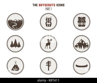 Boy scouts icons, patches. Camping stickers. Tent, moose, backpack, canoe and others. Stock vector illustration isolated on white background. Part 1 Stock Vector