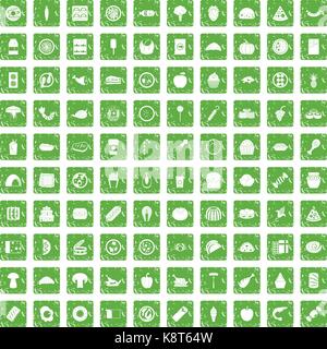 100 meal icons set grunge green Stock Vector