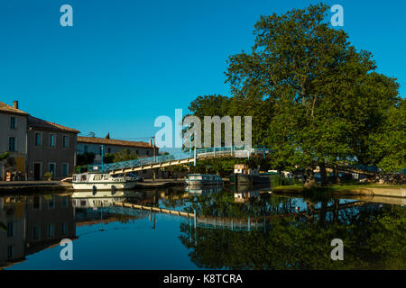 Barges and boats mooring at Homps Stock Photo