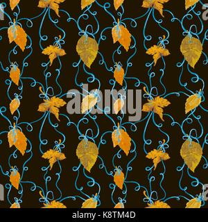 Autumn foliage tied with blue bows and culs vector seamless backround Stock Vector