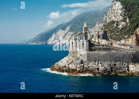 Beautiful scenic landscape of Gothic St. Peter's Church in Portovenere. Travel background Stock Photo