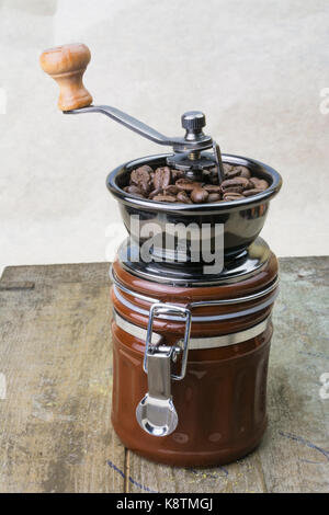 Freshly medium roasted Araica coffee beans in a manual coffee grinder Stock Photo